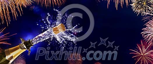 Champagne bottle opened against firewoks Champagne bottle opened against firewoks
