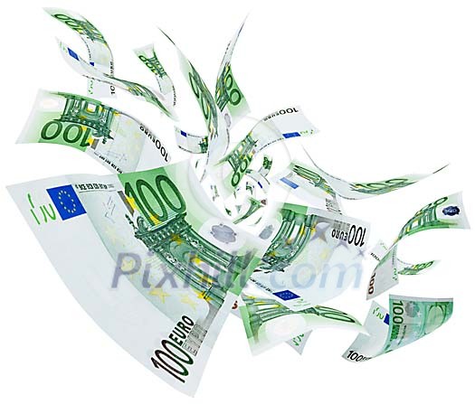 Euros flying on a white background