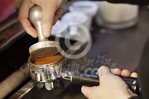 Closeup of prepearing to make machine coffee