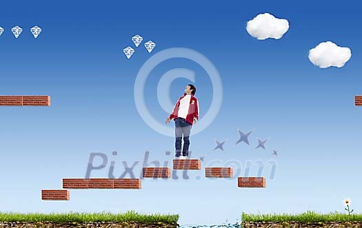 Man standing on the bricks in the computer game