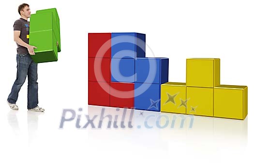 Man carrying big tetris cubes Man carrying big tetris cubes