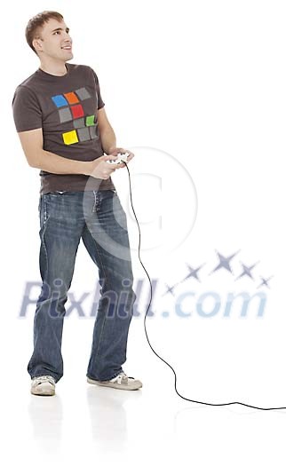 Clipped man holding a game console