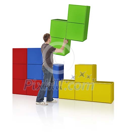 Man playing oversised tetris