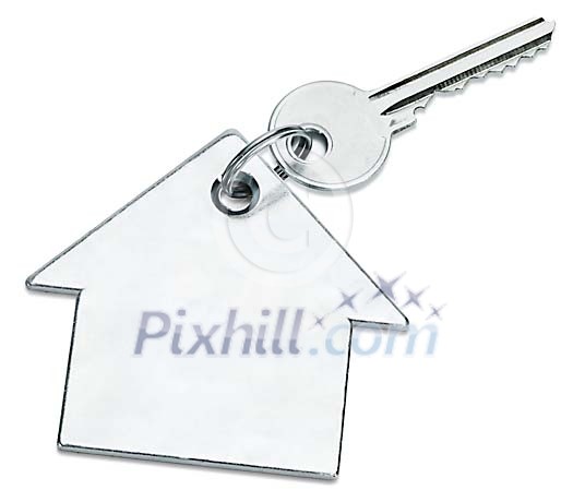 Clipped house shaped keychain with a key
