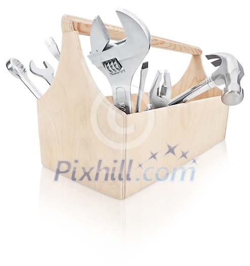 Clipped wooden toolbox with tools