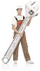 Clipped man standing with oversized wrench