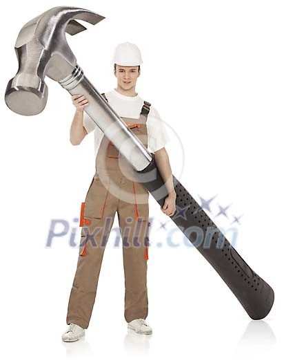 Clipped man standing with a huge hammer