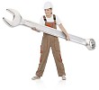 Clipped woman holding a huge spanner