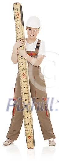 Clipped woman standing with oversized folding ruler