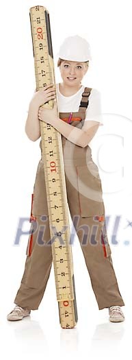 Clipped woman standing with oversized folding ruler Clipped woman standing with oversized folding ruler
