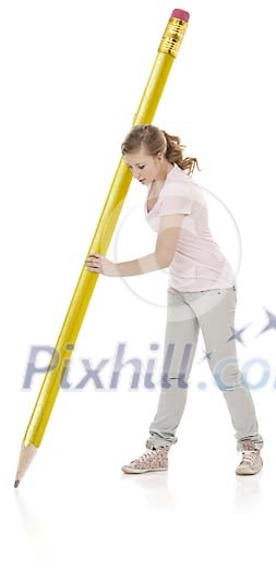 Clipped woman holding an oversized pencil