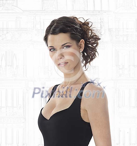 Pretty woman on a drawing background