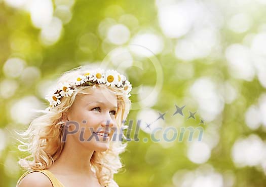 A beautiful woman wearing a flower crown