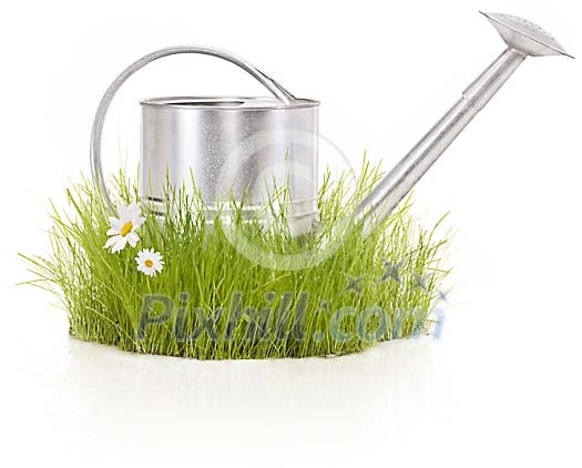 Gardening symbol with watering can on a grass island