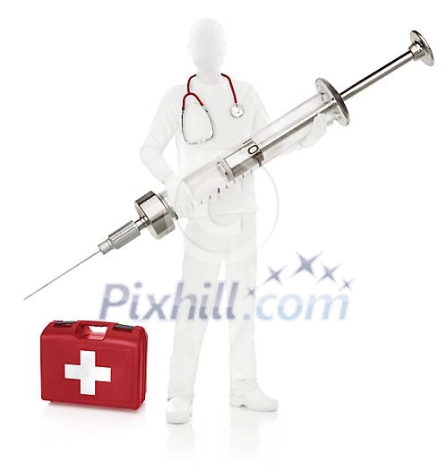 Clipped white man with a huge syringe