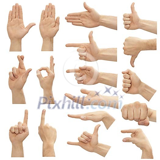 Clipped male hand making different hand signs