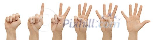Clipped male hand showing numbers with fingers