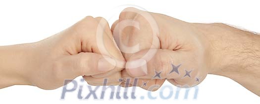 Clipped male and female fists together Clipped male and female fists together