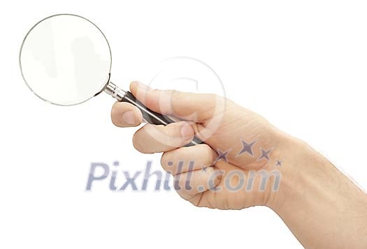 Clipped male hand holding a magnifying glass Clipped male hand holding a magnifying glass