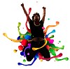 Clipped man jumping with splashes of coloured paint