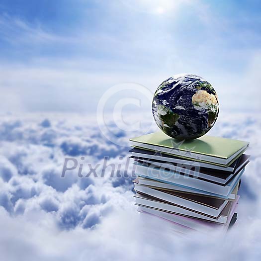 Globe on top of a pile of books reaching the sky through clouds