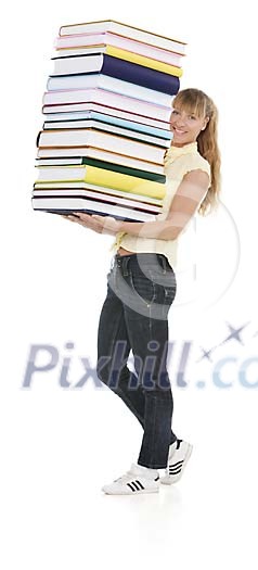 Clipped woman carrying a pile of big books