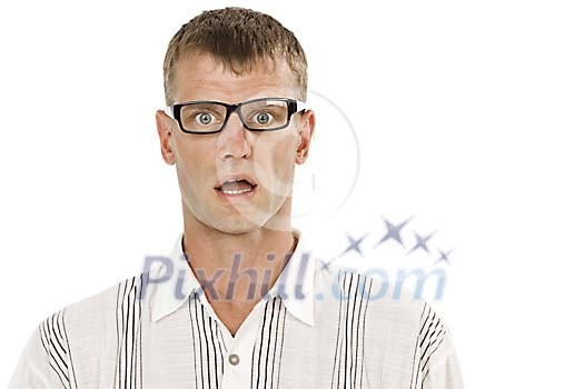 20-30 year old man looking totally surprised to camera