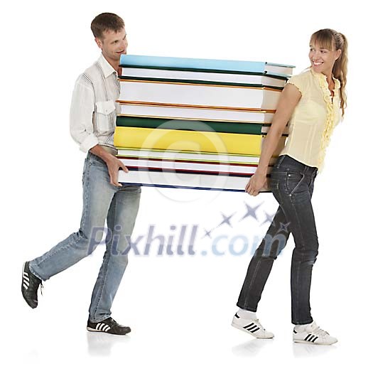 Clipped couple carrying huge books