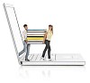 Clipped image of people carrying big books out of the computer screen