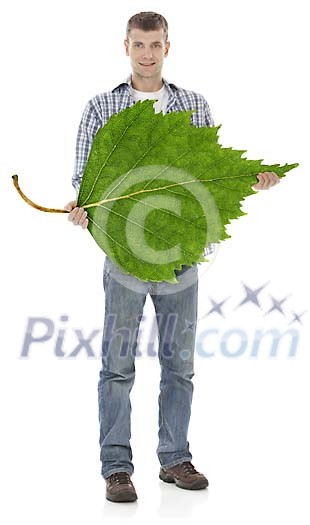 Man holding a giant birch leaf. Hand made clipping path included