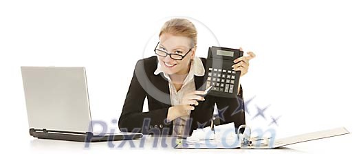 Businesswoman showing her calculator to camera