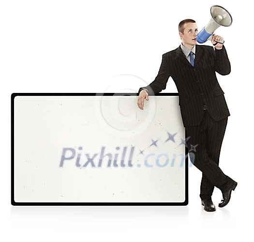 Clipped salesman with a blank screen and a megaphone