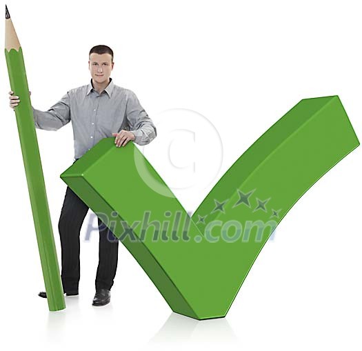 Clipped man standing with a oversized pencil