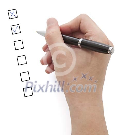 Hand with pen and check boxes