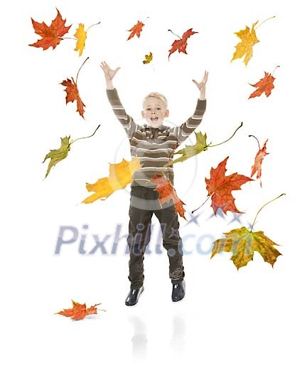 Boy throwing colourful autumn leaves