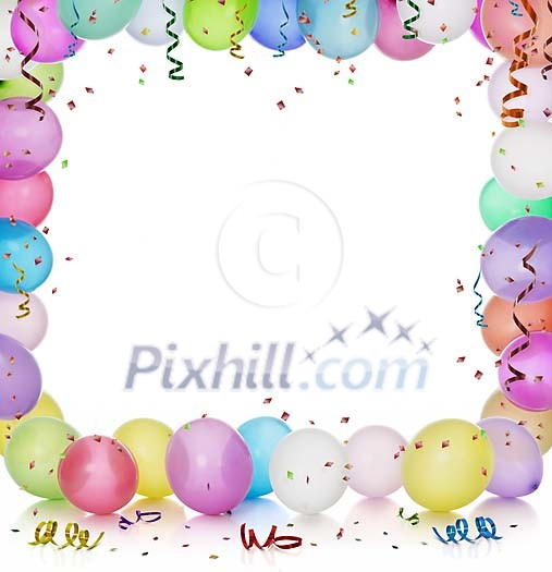 Balloons and confetti forming a frame