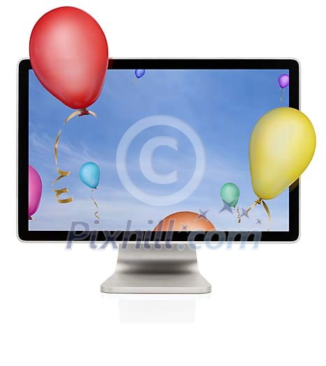 Party balloons coming out of the computer screen