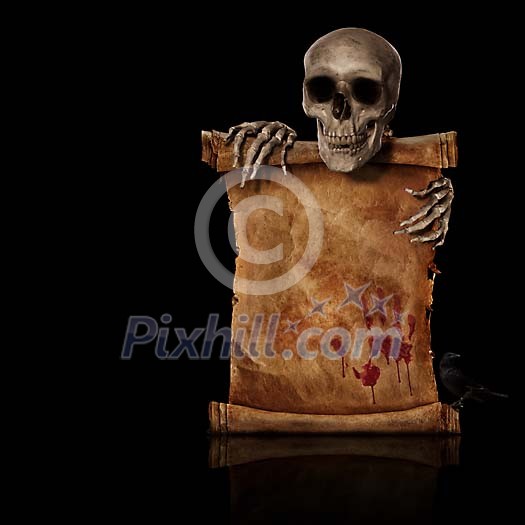 Skull holding a stained paper roll
