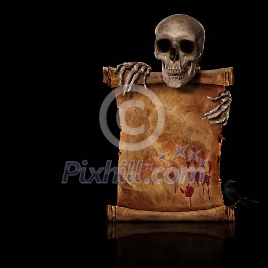 Skull holding a stained paper roll Skull holding a stained paper roll
