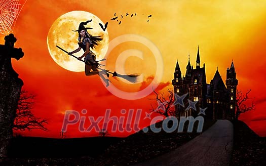 Cute witch on a broom flying in the moonlight