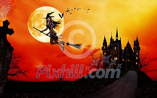 Cute witch on a broom flying in the moonlight Cute witch on a broom flying in the moonlight