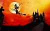 Cute witch on a broom flying in the moonlight
