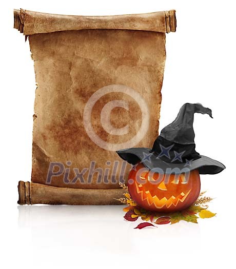 Halloween pumpkin with a old paper scroll Halloween pumpkin with a old paper scroll