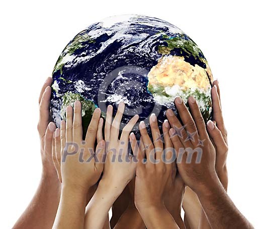Different hands holding the earth