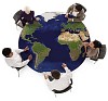 Multicultural group having a meeting around a table with imprinted map of the earth