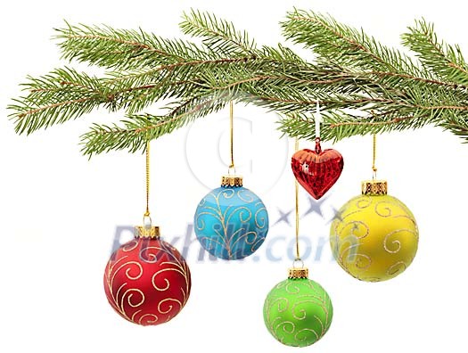 Christmas balls hanging on fir branch Christmas balls hanging on fir branch