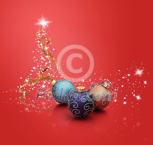 Christmas balls and a star shaped christmas tree on red
