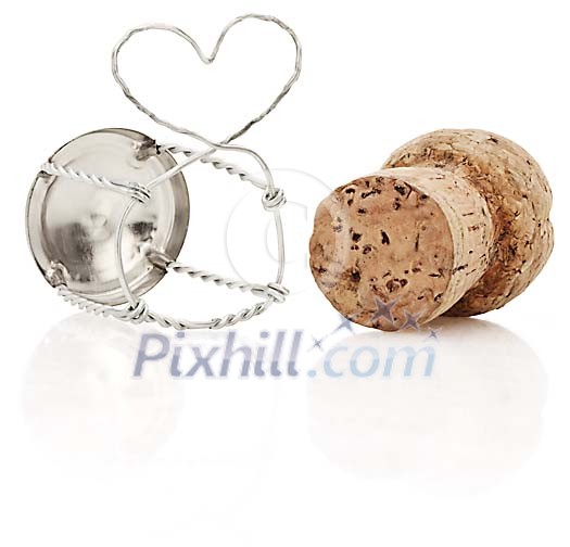 Champagne cork and metal wire shaped as a heart 