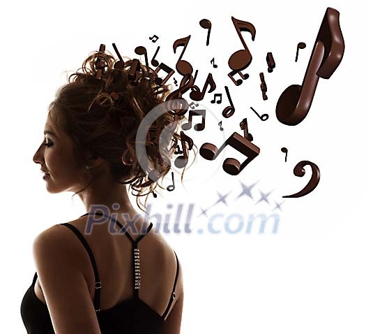 Female shilouette with 3d music notes