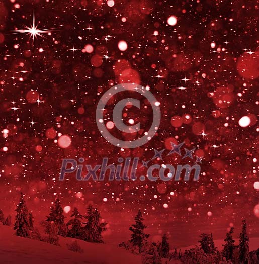 Snowing in red winter landscape Snowing in red winter landscape